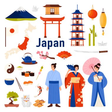 Japonya 'ya bir dizi kültür elementi seyahat edin. Geleneksel kostümlü Japon kadın ve erkek, antik tapınaklar ve Fuji Dağı, samuray kılıcı ve geyşa yelpazesi, harita ve Japon karikatür vektör ilülasyonu bayrağı
