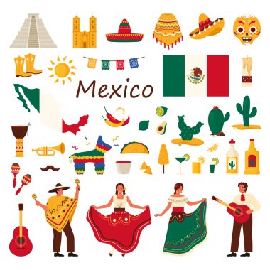 Meksika seti. Ulusal kostümlü Meksikalılar müzik aletleri, ulusal kültür unsurları ve harita etiketli bayrak, kaktüsler ve güneş, kafatası maskesi ve pinyata vektör çizimi