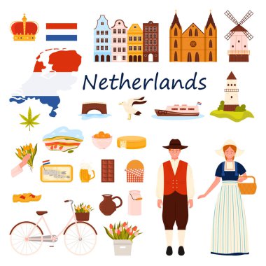 Hollanda 'ya seyahat ayarlandı. Geleneksel elbise, bayrak ve ülke haritası, Hollanda kültür unsurları ve Amsterdam şehrinin tarihi simgeleri, laleler ve peynir çizgi film vektör ilülasyonu