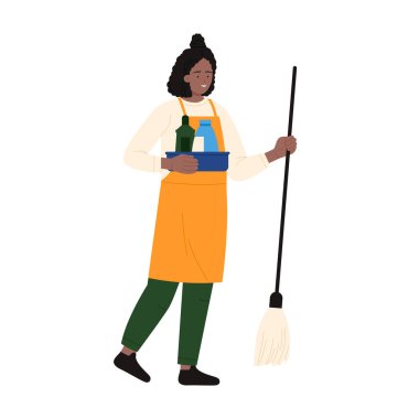 Temizlik işçisi, paspas ve deterjan şişesi örnekleriyle yürüyen bir kadın.