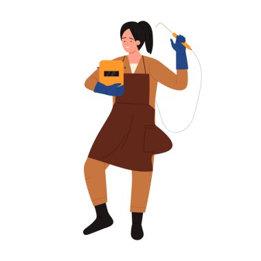 Kaynakçı üniformalı kadın kaynak makinesi ve güvenlik miğferi çizimi tutuyor.