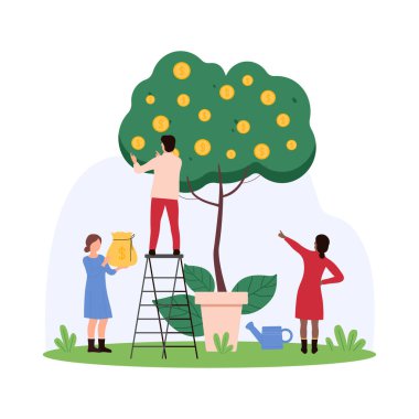 Para tasarruflarında büyüme ve sermaye artışı, başarı yatırımı ve maaş, finansal refah. Küçük insanlar tencerede yeşil ağaç yetiştirir, karakter altın sikkeleri çanak karikatür vektör illüstrasyonunda toplar.