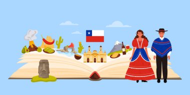 Şili 'ye seyahat, açık dev bir kitapla bilgi kolajı, doğa, kültür unsurları ve yiyeceğin turistik cazibesi. Geleneksel kostümlü Şilili erkek ve kadın ve Moai çizgi film çizimi