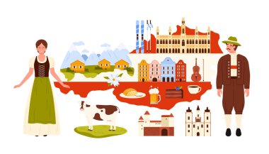 Avusturya 'ya seyahat etmek, Avusturyalılarla geleneksel Alp köyü manzarası, tatil ve yemek için ünlü yerler, bilgi haritası çizimi için keman,