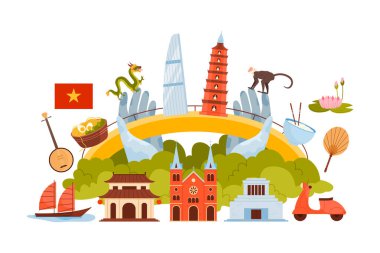 Vietnam seti, kültür ve dini tapınak öğeleri, geleneksel Pho şehriye çorbası ve bilgi kolajı pankartıyla Altın Köprü 'ye seyahat. Vietnam bayrağı ve ejderha çizgi film vektör çizimi