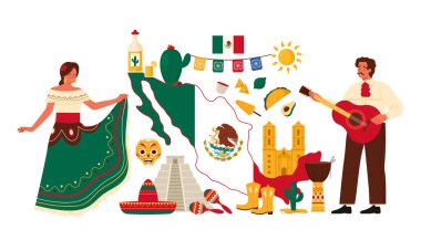 Geleneksel elbise ve müzik aleti, kültür unsurları, tarih simgeleri, bayrak desenli karikatür çizimi eşliğinde Meksika 'ya git.