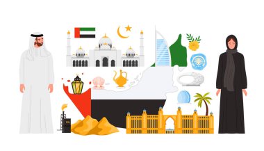 BAE kültür unsurları ve simgeleri, Dubai mimarisi, infografik poster kolajı giymiş Arap erkek ve kadın. İslam ülkesi ve turizm, çizgi film vektör illüstrasyonunu simgeliyor