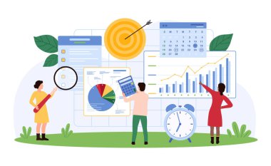 Ekip verileri büyük çizelgeler, bir takvim ve bir hedef ile analiz eder. Sahne grafikler, bir büyüteç ve stratejik hedef çizimi illüstrasyonunu vurgulayan bir çalar saat içerir.