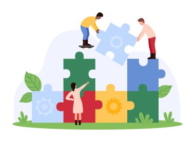 İş ortaklığı, işbirliği kurmanın başarısı. Küçük insanlar yapboz parçalarını birbirine bağlar, yapboz parçasını ortaklar karikatür vektör illüstrasyonunun birliği ve takım çalışmasıyla eşleştirir