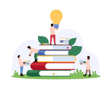 Bilgi ve öğrenme yeni fikirlerin yaratılmasına yardımcı olur, bilgeliğin ilhamı. Kitap, ders kitabı ve ansiklopedi yığını üzerinde duran küçük insanlar, elinde ampul taşıyan öğrenci, çizgi film vektör çizimi.