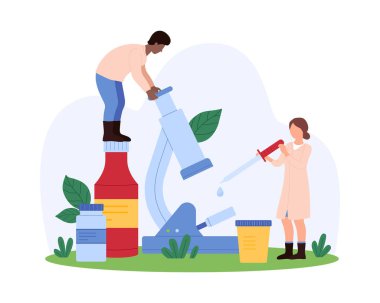 Tıbbi araştırmacılar, yenilikçi bilimsel araştırmayı sembolize eden büyük çaplı şırınga ve şişelerle dolu dev bir mikroskop kullanıyorlar. Sahne yaprakları ve laboratuvar ekipman vektör illüstrasyonunu içerir