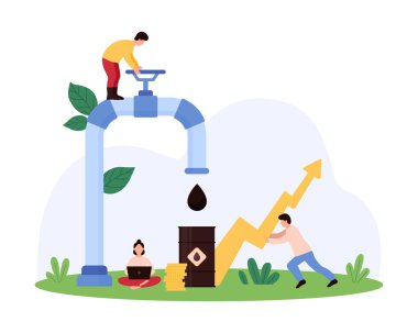 İşçiler büyük bir valf kullanarak petrol tedarik ediyorlar ve yukarı doğru ok ile pazar eğilimlerini izliyorlar. Sahne, sanayi yönetim vektörü illüstrasyonunu sembolize eden bir yağ fıçısı ve dizüstü bilgisayar içeriyor