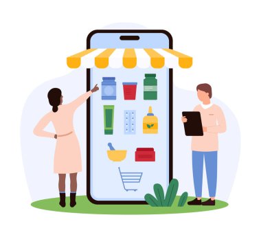 Tıp uzmanları online bir eczaneyi büyük bir akıllı telefondan gösteriyor. Ekranda, dijital sağlık hizmetleri vektör ilüstrasyonunun vurgulandığı çeşitli ilaçlar ve sağlık ürünleri gösteriliyor