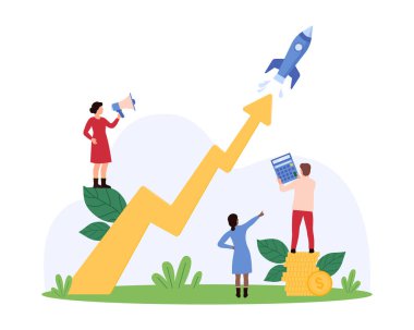 Ticari ürün gelişiminde ilerleme, yeni fikirlerin değer artışı, şirket girişimi. Küçük insanlar gökyüzüne hız roketi fırlatıyor, yüksek proje karları ve ok çizelgesi çizimi çizimleri