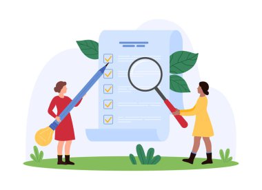 Görev listesi yönetimi, zamanlamayı düzenlemek için yapılacaklar listesi olan pano. Tamamlanmış durumları işaretlemek için elinde ampul ve büyüteçle kalem tutan küçük insanlar çizgi film çizimleri çiziyorlar.