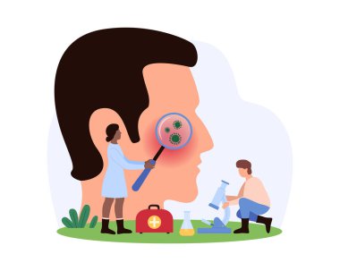 Dermatologlar cilt sorunlarını araçlar ve büyüteç kullanarak, dermatoloji, tedavi ve cilt vektör illüstrasyonunu vurgulayarak inceliyor.