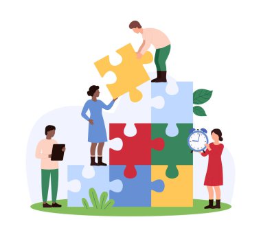 Vektör illüstrasyonunda proje kilometre taşı ve hedeflerine ulaşmak için takım çalışması, planlama ve koordinasyonu gösteren bir yapboz kulesi inşa eden küçük insanlar.