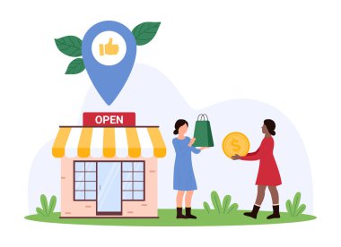 Açık bir mağazada, ticareti, müşteri hizmetlerini ve ekonomik değişim vektör ilüstrasyonunu gösteren işaretleyici ile perakende işlem yapan küçük insanlar..
