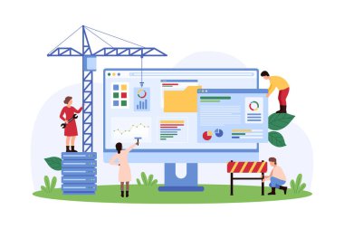 Küçük insanlar bir vinç ve araçlarla web geliştirme, site inşası ve dijital tasarım çizimi içeren bir web sitesi inşa ediyorlar..