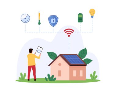 Küçük insan, bağlı cihazlarla akıllı bir evi kontrol etmek için mobil bir cihaz kullanıyor, ev otomasyonunu, enerji verimliliğini ve modern teknoloji vektör ilüstrasyonunu gösteriyor.