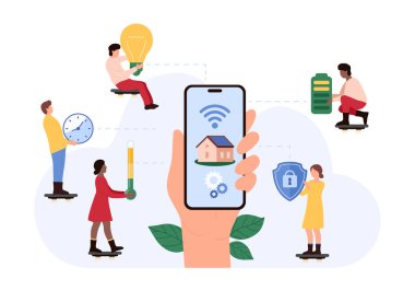 Küçük insanlar cep telefonuyla akıllı bir ev yönetiyorlar, ev otomasyonu, güvenlik, enerji verimliliği ve akıllı teknoloji vektör illüstrasyonunu resmediyorlar..