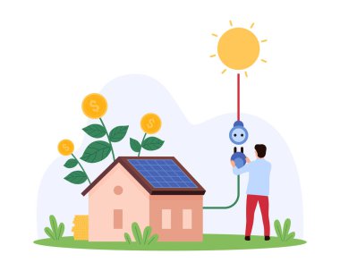 Akıllı bir evi güneş enerjisine bağlayan, yenilenebilir enerjiyi, ev otomasyonunu ve çevre dostu teknoloji vektör illüstrasyonunu gösteren küçük bir insan..