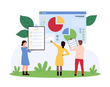 Çizelgeler ve kontrol listeleri ile sosyolojik araştırmalar yürüten küçük insanlar, demografik araştırmalar, sosyal çalışmalar ve veri analizi vektör ilüstrasyonunu resmediyorlar..