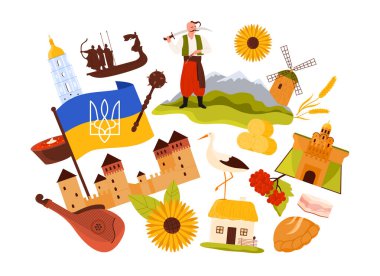 Ukrayna kültürü, doğa ve bilgi kolajının temel öğeleri. Sarı ve mavi bayrak Ukrayna arması, cesur Kazak ve köy evi, ayçiçeği çizgi film çizimi