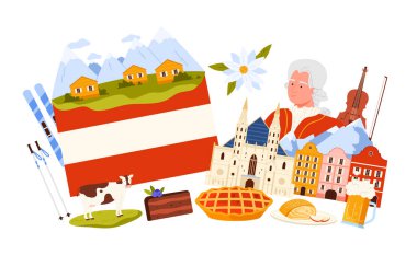 Avusturya 'ya seyahat, ünlü kültür öğeleri kolajı. Alp dağı köyü ve ineği, edelweiss çiçeği ve kayak, keman ve bira ile Mozart, strudel ve Sacher kek çizimi