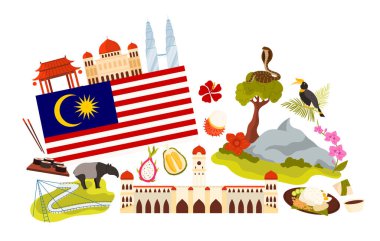 Malezya seti, kültür ve dini tapınak unsurları, doğa simgeleri ve bilgi kolajı posterindeki yiyecekler. Malezya bayrağı ve rafflesia, Langkawi Gökyüzü Köprüsü karikatür çizimi