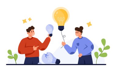 İşletme yaratıcı fikir paylaşımı, şirket işbirliği ve beyin fırtınası. Kırık lamba çizgi film çizimi çizimi olan üzgün adamla paylaşmak için ipin ucunda parlak ampul tutan küçük bir kadın.