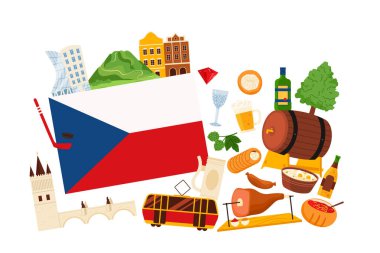Çek Cumhuriyeti seti, Prag 'ın kültür ve simgeleri, dev bayrak ve bilgi kolajı posterindeki yiyecekler. Charles Köprüsü, bira ve çorba, kristal karikatür vektör çizimi
