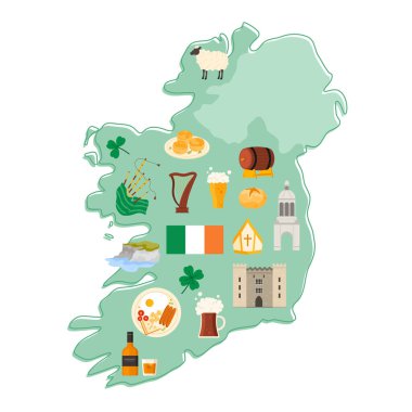 Travel to Ireland set, Irish culture and landmark, food and symbols of good luck on infographic country map. Hat of saint Patrick, clover and barmbrack, Cliffs of Moher cartoon vector illustration clipart