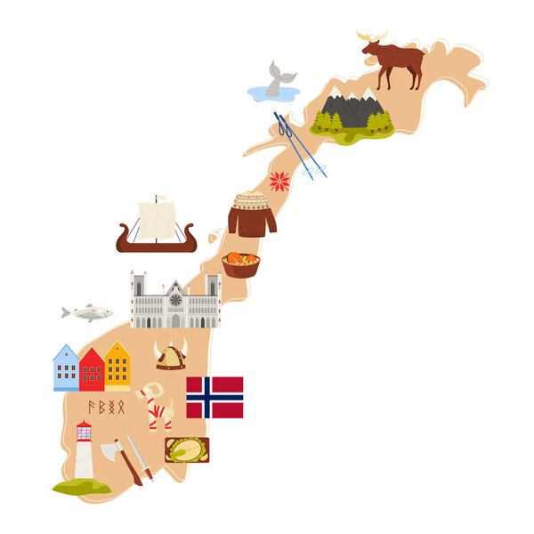 Travel to Norway set, culture elements and landmarks, food in infographic map. Nidaros Cathedral and Urnes Stave Church, Bergen traditional houses, Norwegian flag, elk cartoon vector illustration