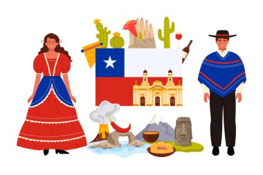Şili 'ye seyahat, dev Şili bayrağı ve Katedral binası olan bilgi kolajı, geleneksel giysiler ve And Dağları' ndaki insanlar, Moai heykelleri ve kaktüsleri, volkan karikatür vektör çizimleri