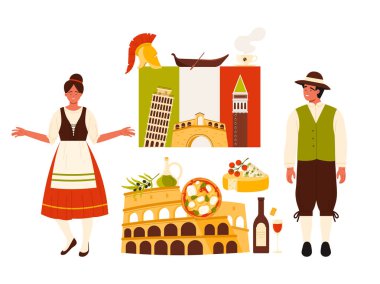 Geleneksel elbise ve pizza giymiş İtalyan insanlarla İtalya 'ya git. Kültür unsurları olan büyük bir bayrak ve turist karikatür çizimleri için ünlü bir simge.