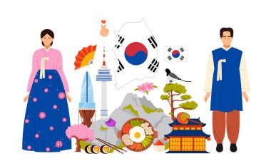 South Korea culture elements and landmarks, Korean man and woman in national costumes in infographic poster collage. Dokdo rocks and royal palace, bibimbap and pine tree cartoon vector illustration clipart