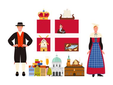 Danimarka 'ya git. Devasa bayrak ve Danimarka kültür unsurları, yiyecek ve simgeleri, ulusal kostümler içindeki Danimarkalı erkek ve kadın ve kadın ve kralların karikatür vektör resimlerini içeren bilgi afişi kolajı