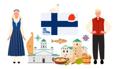 Finlandiya 'ya seyahat, Finlandiya' nın ulusal kültür unsurları ve yiyeceği, bilgi kolajının dönüm noktası. Geleneksel elbise ve folklor desenli Finn erkeği ve kadını, bayrak, tiyatro çizgi filmi vektör çizimi