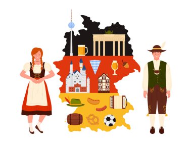 Almanya 'ya seyahat, kültür unsurları ve geleneksel Ekim Festivali yemekleri, ülke haritası ve bayraklı bilgi kolajı üzerine dönüm noktaları. Alman halkı, sosisler ve Bavyera birası vektör çizimi