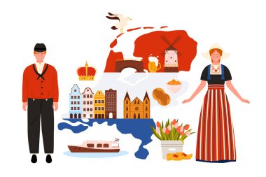 Hollanda 'ya seyahat, Hollandalıların geleneksel elbise, bayrak ve tarih binaları, kültür unsurları ve Amsterdam karikatür vektör illüstrasyonunun simgeleri içinde sunumları