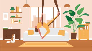 Rahat bir evde kediyle ipek ipler kullanarak havadan yoga yapan bir kadının vektör çizimi. Rahatlatıcı bir ortamda zindelik, esneklik ve sağlığın vurgulanması..