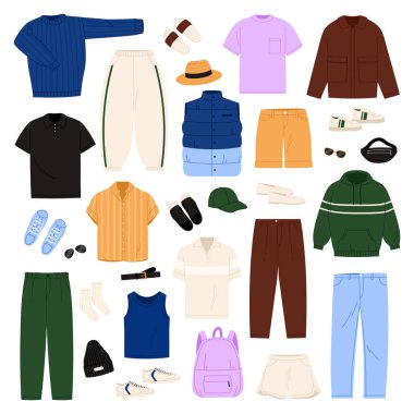 Sıradan erkek kıyafetleri seti. Pantolonlu, pantolonlu, spor ayakkabılı, sırt çantalı ve çizgili erkek çizgili tişörtlü genç adam koleksiyonu.