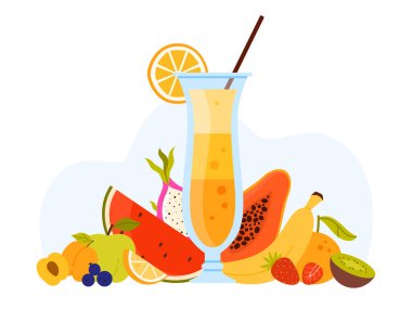 Vector illustration of a glass of fresh fruit juice surrounded by tropical fruits, symbolizing health, refreshment, and a vibrant lifestyle. clipart