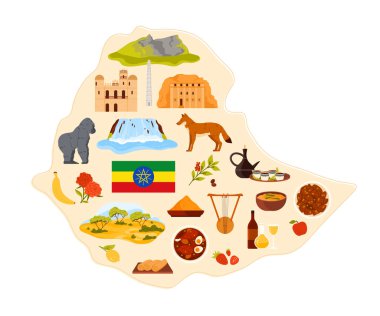 Travel to Ethiopia set, stickers of food and culture, nature savannah and mountain landscape on infographic country map with flag. Famous tourist attractions, coffee and animals vector illustration clipart