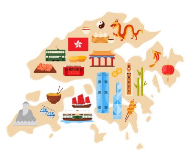 Hong Kong kültür unsurları ve şehir simgeleri stilize bilgi haritasında. Geleneksel ve modern mimari, tramvay ve teleferik, fener ve ejderha tatil turu karikatür vektör çizimi