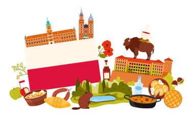 Polonya 'ya seyahat, kültür öğeleri ve ünlü Polonya yemekleri, tarihi işaretler, bilgi kolajında eski gotik kale ve katedral. Güveç ve pierogi, göl manzarası ve hayvan çizgi film çizimi.