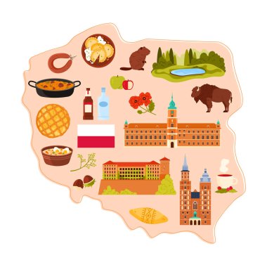 Polonya kültür unsurları ve simgeleri, biçimlendirilmiş bilgi haritasında hayvan doğası. Geleneksel yemek menüsü ve manzarası, mimari, meyve ve fındık, turistler tur sembolleri çizgi film vektör çizimleri