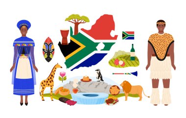 Güney Afrika 'ya seyahat edin, Afrikalılar ulusal etnik kıyafetler içinde, yemek ve kültür elementleri bilgi kolajında. Büyük bayrak ve doğa manzaraları, Cape Town Stadyumu, baobab karikatür vektör çizimi