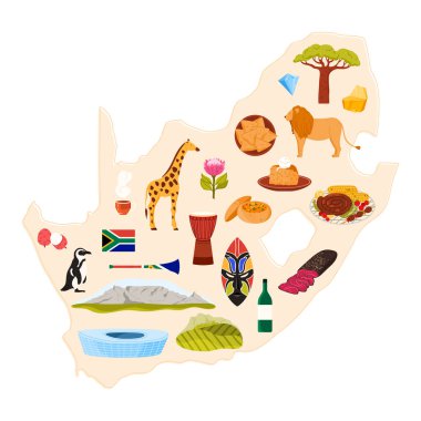 Güney Afrika seti, Afrika kültürü ve simgeleri, bilgi ülke haritasında yiyecek ve şarap. Tropikal fauna ve flora, protea çiçeği ve altın külçesi, zürafa, aslan karikatür çizimi
